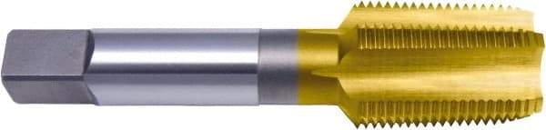 Vermont Tap & Die - 3/8-18 NPTF, 4 Flute, Taper Chamfer, TiN Finish, High Speed Steel, Extension Pipe Tap - 3-3/4" OAL, 0.48" Shank Diam, 1-1/16" Thread Length, 17/32" Square Size, 7/16" Square Length, Regular Hook, Series TN3180-E - Apex Tool & Supply