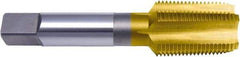 Vermont Tap & Die - 3/8-18 NPTF, 4 Flute, Taper Chamfer, TiN Finish, High Speed Steel, Extension Pipe Tap - 3-3/4" OAL, 0.48" Shank Diam, 1-1/16" Thread Length, 17/32" Square Size, 7/16" Square Length, Regular Hook, Series TN3180-E - Apex Tool & Supply