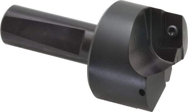 Kyocera - 75° Lead Angle, 1.8" Max Cut Diam, 0.69" Min Cut Diam, 0.158" Max Depth of Cut, Indexable Chamfer and Angle End Mill - Holds 2 Inserts, APET 1604 Insert Style, 3-1/4" Overall Length, Straight Shank, 150° Included Angle - Apex Tool & Supply