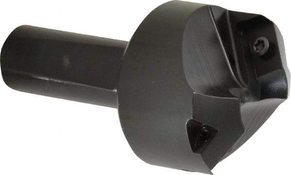 Kyocera - 60° Lead Angle, 1.85" Max Cut Diam, 0.8" Min Cut Diam, 0.308" Max Depth of Cut, Indexable Chamfer and Angle End Mill - 2 Inserts, APET 1604 Insert Style, 3-1/4" Overall Length, Straight Shank, 120° Included Angle - Apex Tool & Supply