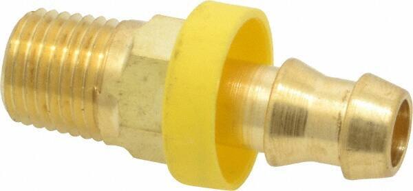 Eaton - 3/8" ID 1/4-18 NPT Barbed Push On Male Connector - 7/8" Cut Off Allowance, 1.65" Long, 9/16" Hex, Brass - Apex Tool & Supply