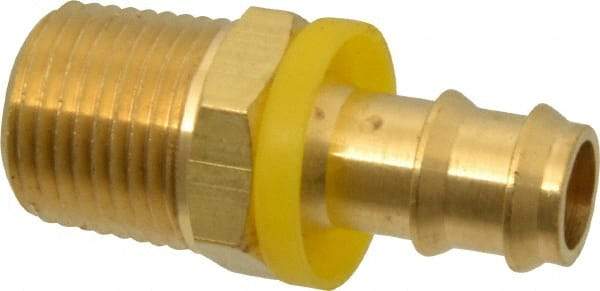 Eaton - 1/2" ID 1/2-14 NPT Barbed Push On Male Connector - 1-3/16" Cut Off Allowance, 2.1" Long, 7/8" Hex, Brass - Apex Tool & Supply