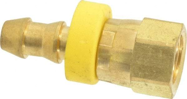 Eaton - 1/4" ID 7/16-20 UNF Barbed Push On Female JIC 37/SAE 45 Swivel Connector - 3/4" Cut Off Allowance, 1.38" Long, 9/16" Hex, Brass - Apex Tool & Supply