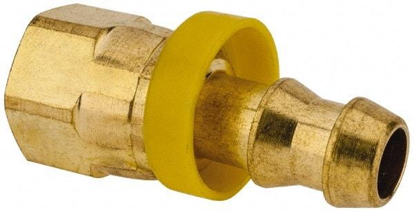 Eaton - 3/8" ID 9/16-18 UNF Barbed Push On Female JIC 37 Swivel Connector - 7/8" Cut Off Allowance, 1.62" Long, 11/16" Hex, Brass - Apex Tool & Supply
