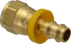 Eaton - 3/8" ID 5/8-18 UNF Barbed Push On Female SAE 45 Swivel Connector - 7/8" Cut Off Allowance, 1.62" Long, 3/4" Hex, Brass - Apex Tool & Supply