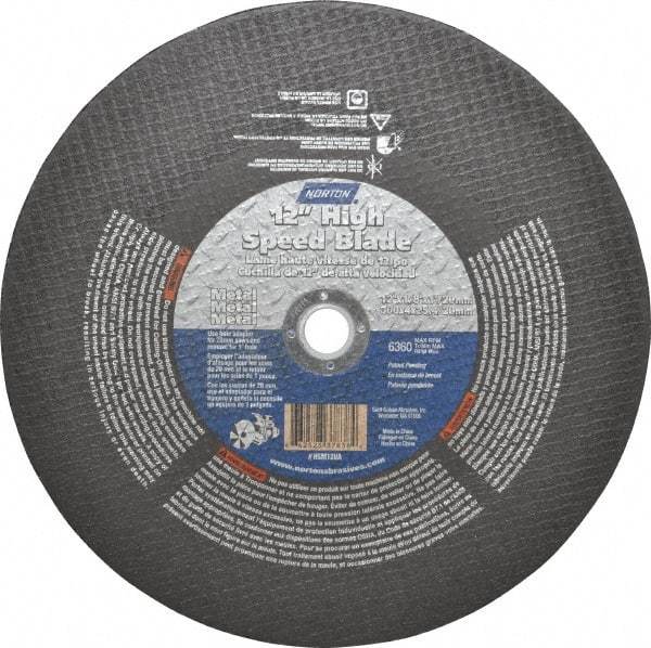 Norton - 12" 24 Grit Aluminum Oxide Cutoff Wheel - 1/8" Thick, 1" Arbor, 6,360 Max RPM, Use with Electric & Gas Powered Saws - Apex Tool & Supply