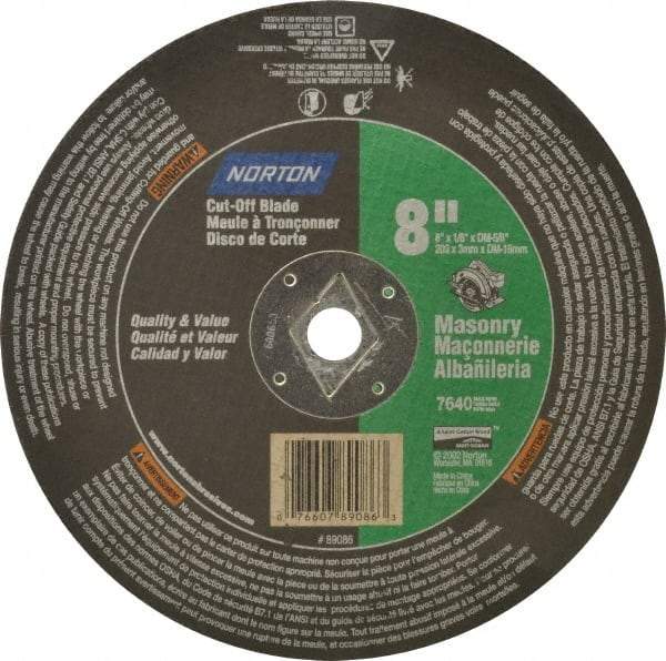 Norton - 8" 24 Grit Silicon Carbide Cutoff Wheel - 1/8" Thick, 5/8" Arbor, 7,640 Max RPM, Use with Circular Saws - Apex Tool & Supply