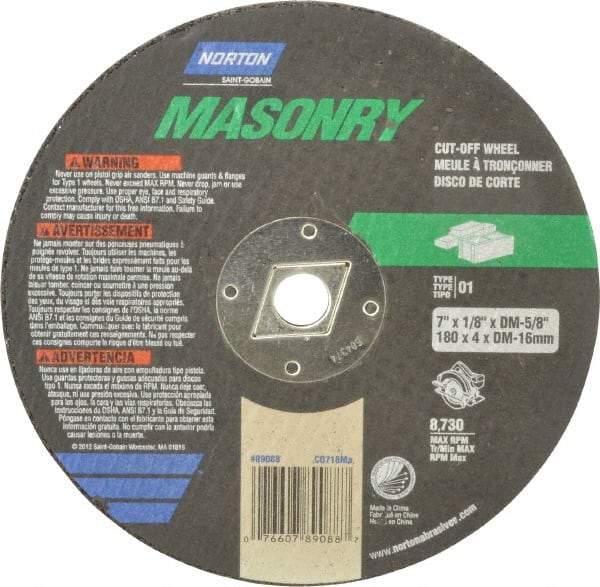 Norton - 7" 24 Grit Silicon Carbide Cutoff Wheel - 1/8" Thick, 5/8" Arbor, 8,730 Max RPM, Use with Circular Saws - Apex Tool & Supply