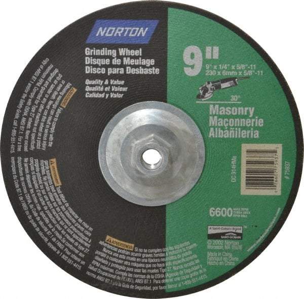 Norton - 24 Grit, 9" Wheel Diam, 1/4" Wheel Thickness, Type 27 Depressed Center Wheel - Silicon Carbide, 6,600 Max RPM, Compatible with Angle Grinder - Apex Tool & Supply