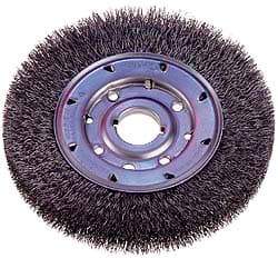 Osborn - 8" OD, 1-1/4" Arbor Hole, Crimped Steel Wheel Brush - 5/8" Face Width, 1-1/2" Trim Length, 0.008" Filament Diam, 4,500 RPM - Apex Tool & Supply