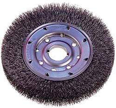Osborn - 8" OD, 1-1/4" Arbor Hole, Crimped Steel Wheel Brush - 5/8" Face Width, 1-1/2" Trim Length, 0.008" Filament Diam, 4,500 RPM - Apex Tool & Supply