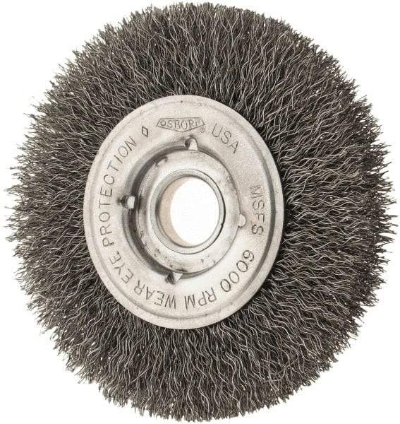 Osborn - 4" OD, 1/2 & 5/8" Arbor Hole, Crimped Steel Wheel Brush - 5/8" Face Width, 13/16" Trim Length, 0.0104" Filament Diam, 6,000 RPM - Apex Tool & Supply