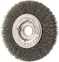 Osborn - 4" OD, 1/2 & 5/8" Arbor Hole, Crimped Steel Wheel Brush - 5/8" Face Width, 13/16" Trim Length, 0.0104" Filament Diam, 6,000 RPM - Apex Tool & Supply