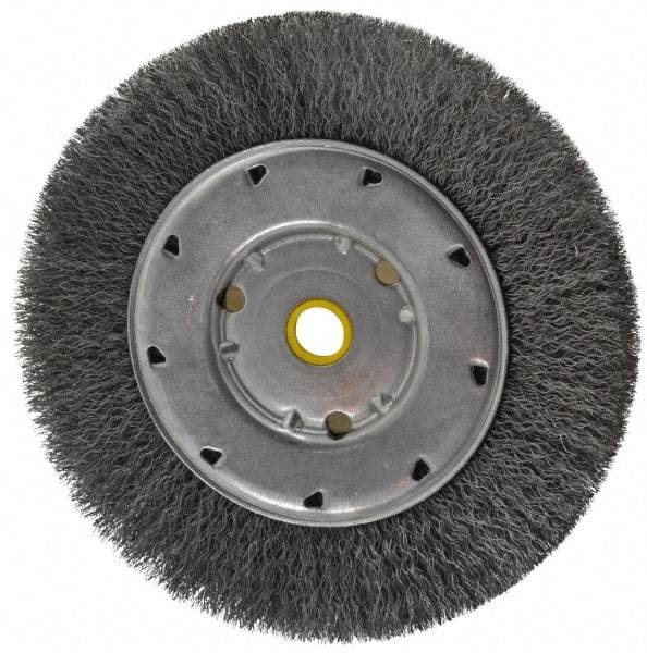 Osborn - 6" OD, 1/2 & 5/8" Arbor Hole, Crimped Steel Wheel Brush - 5/8" Face Width, 1-1/8" Trim Length, 0.008" Filament Diam, 6,000 RPM - Apex Tool & Supply