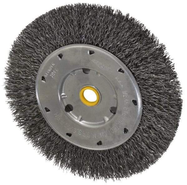 Osborn - 6" OD, 1/2 & 5/8" Arbor Hole, Crimped Steel Wheel Brush - 5/8" Face Width, 1-1/8" Trim Length, 0.014" Filament Diam, 6,000 RPM - Apex Tool & Supply