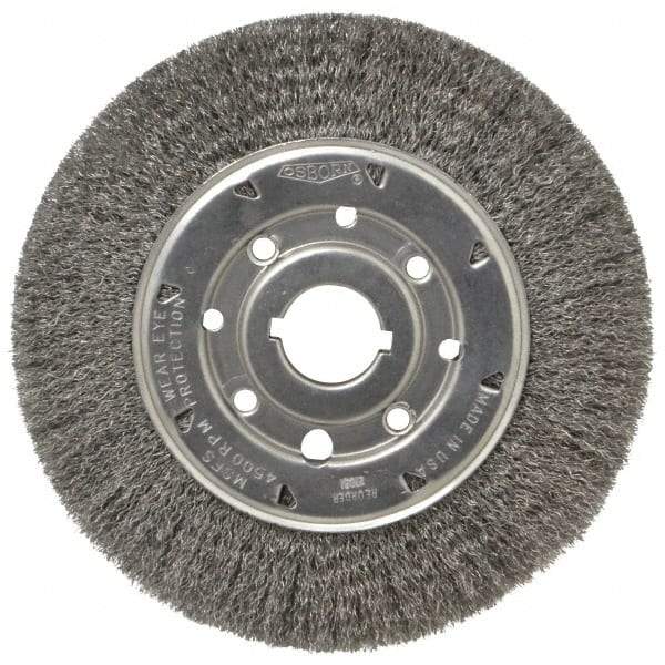 Osborn - 8" OD, 1-1/4" Arbor Hole, Crimped Steel Wheel Brush - 5/8" Face Width, 1-1/2" Trim Length, 0.0104" Filament Diam, 4,500 RPM - Apex Tool & Supply