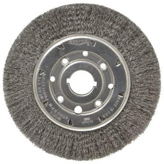 Osborn - 8" OD, 1-1/4" Arbor Hole, Crimped Steel Wheel Brush - 5/8" Face Width, 1-1/2" Trim Length, 0.0104" Filament Diam, 4,500 RPM - Apex Tool & Supply