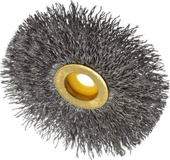 Osborn - 3" OD, 3/8" Arbor Hole, Crimped Steel Wheel Brush - 3/8" Face Width, 15/16" Trim Length, 0.014" Filament Diam, 20,000 RPM - Apex Tool & Supply