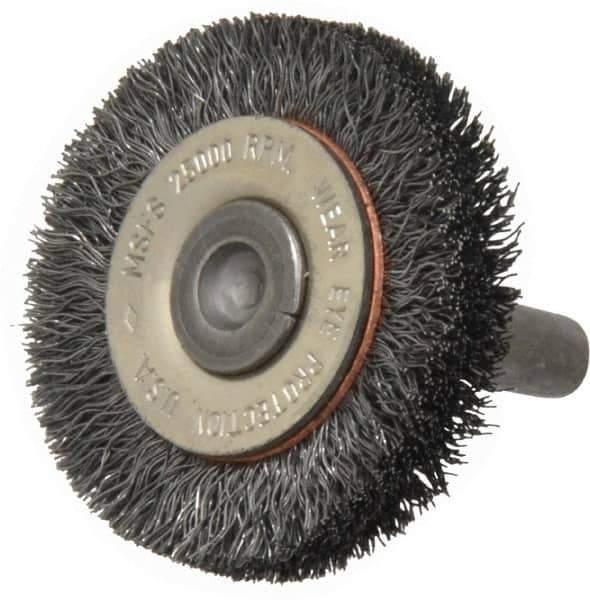 Osborn - 1-1/2" OD, 1/4" Shank Diam, Crimped Steel Wheel Brush - 3/8" Face Width, 9/32" Trim Length, 0.008" Filament Diam, 25,000 RPM - Apex Tool & Supply