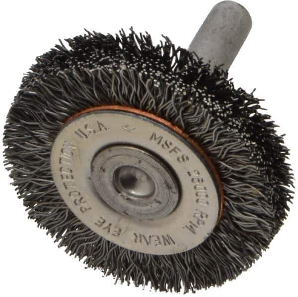 Osborn - 1-1/2" OD, 1/4" Shank Diam, Crimped Steel Wheel Brush - 3/8" Face Width, 9/32" Trim Length, 0.0118" Filament Diam, 25,000 RPM - Apex Tool & Supply