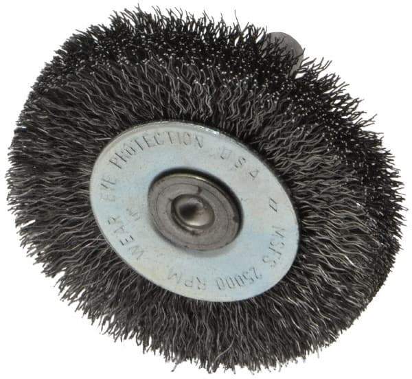 Osborn - 2" OD, 1/4" Shank Diam, Crimped Steel Wheel Brush - 3/8" Face Width, 7/16" Trim Length, 0.008" Filament Diam, 25,000 RPM - Apex Tool & Supply