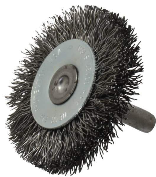 Osborn - 2" OD, 1/4" Shank Diam, Crimped Steel Wheel Brush - 3/8" Face Width, 7/16" Trim Length, 0.014" Filament Diam, 25,000 RPM - Apex Tool & Supply