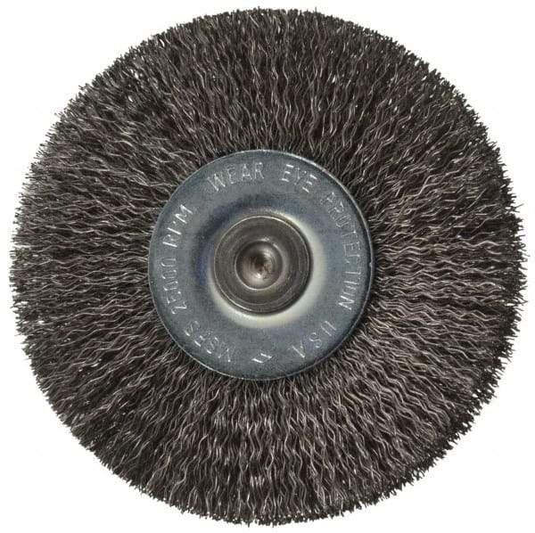 Osborn - 2-1/2" OD, 1/4" Shank Diam, Crimped Steel Wheel Brush - 7/16" Face Width, 11/16" Trim Length, 0.008" Filament Diam, 25,000 RPM - Apex Tool & Supply