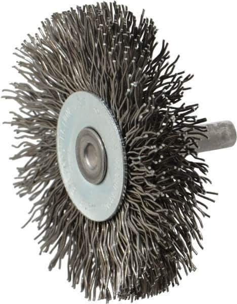 Osborn - 2-1/2" OD, 1/4" Shank Diam, Crimped Steel Wheel Brush - 7/16" Face Width, 11/16" Trim Length, 0.02" Filament Diam, 25,000 RPM - Apex Tool & Supply