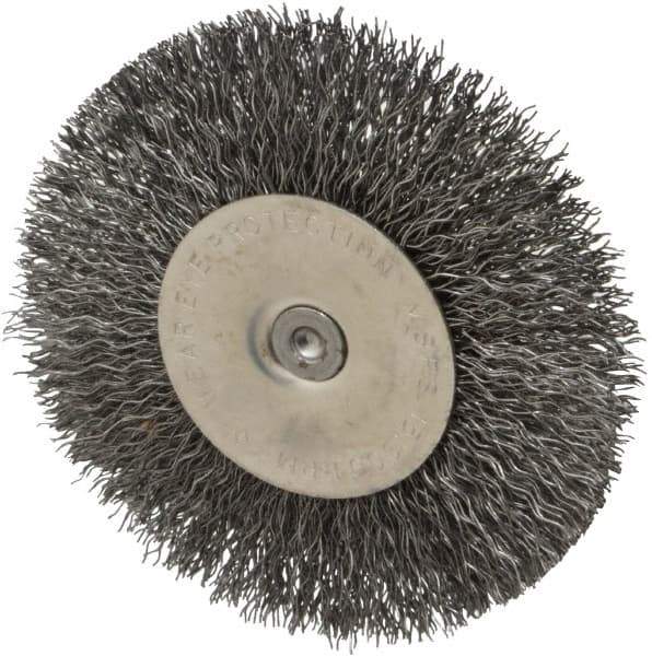 Osborn - 4" OD, 1/4" Shank Diam, Crimped Steel Wheel Brush - 1/2" Face Width, 1" Trim Length, 0.014" Filament Diam, 15,000 RPM - Apex Tool & Supply