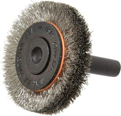 Osborn - 1-1/2" OD, 1/4" Shank Diam, Crimped Stainless Steel Wheel Brush - 3/8" Face Width, 9/32" Trim Length, 0.006" Filament Diam, 25,000 RPM - Apex Tool & Supply