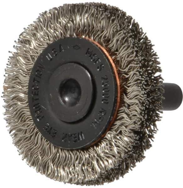 Osborn - 1-1/2" OD, 1/4" Shank Diam, Crimped Stainless Steel Wheel Brush - 3/8" Face Width, 9/32" Trim Length, 0.012" Filament Diam, 25,000 RPM - Apex Tool & Supply