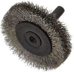 Osborn - 2" OD, 1/4" Shank Diam, Crimped Stainless Steel Wheel Brush - 3/8" Face Width, 7/16" Trim Length, 0.008" Filament Diam, 25,000 RPM - Apex Tool & Supply