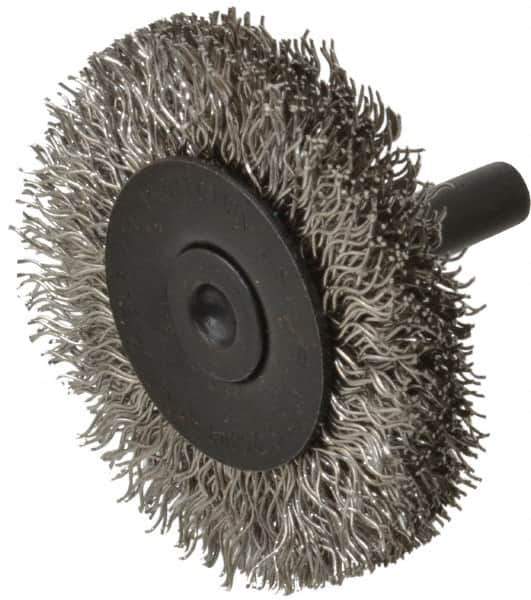 Osborn - 2" OD, 1/4" Shank Diam, Crimped Stainless Steel Wheel Brush - 3/8" Face Width, 7/16" Trim Length, 0.014" Filament Diam, 25,000 RPM - Apex Tool & Supply