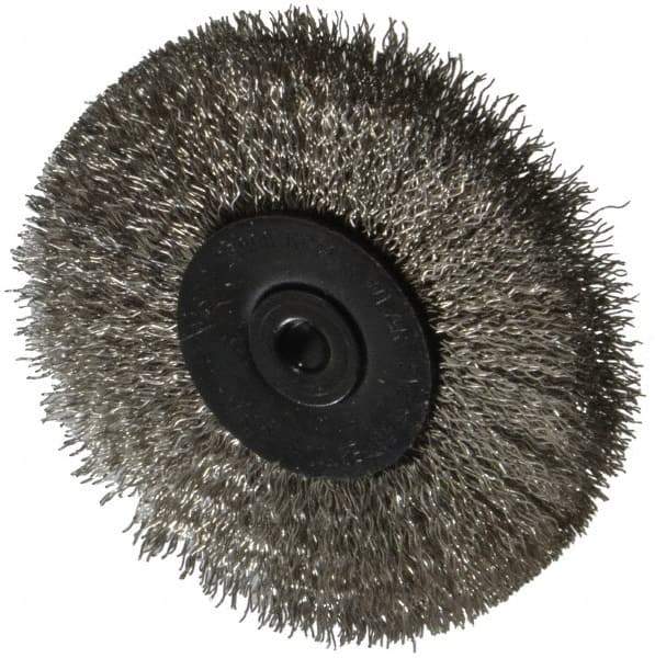 Osborn - 2-1/2" OD, 1/4" Shank Diam, Crimped Stainless Steel Wheel Brush - 7/16" Face Width, 11/16" Trim Length, 0.008" Filament Diam, 25,000 RPM - Apex Tool & Supply