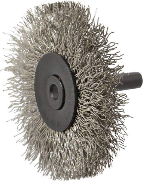 Osborn - 2-1/2" OD, 1/4" Shank Diam, Crimped Stainless Steel Wheel Brush - 7/16" Face Width, 11/16" Trim Length, 0.014" Filament Diam, 25,000 RPM - Apex Tool & Supply