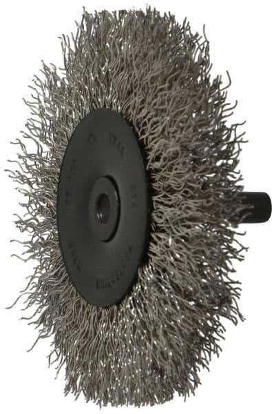 Osborn - 3" OD, 1/4" Shank Diam, Crimped Stainless Steel Wheel Brush - 7/16" Face Width, 3/4" Trim Length, 0.014" Filament Diam, 25,000 RPM - Apex Tool & Supply