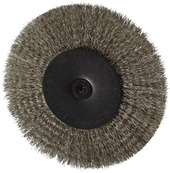 Osborn - 4" OD, 1/4" Shank Diam, Crimped Stainless Steel Wheel Brush - 1/2" Face Width, 1" Trim Length, 0.008" Filament Diam, 15,000 RPM - Apex Tool & Supply