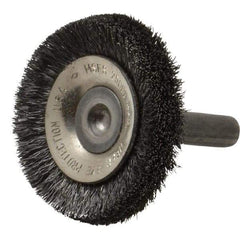 Osborn - 1-1/2" OD, 1/4" Shank Diam, Crimped Steel Wheel Brush - 3/8" Face Width, 3/8" Trim Length, 0.006" Filament Diam, 20,000 RPM - Apex Tool & Supply