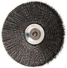 Osborn - 3" OD, 1/4" Shank Diam, Crimped Steel Wheel Brush - 7/16" Face Width, 15/16" Trim Length, 0.006" Filament Diam, 20,000 RPM - Apex Tool & Supply