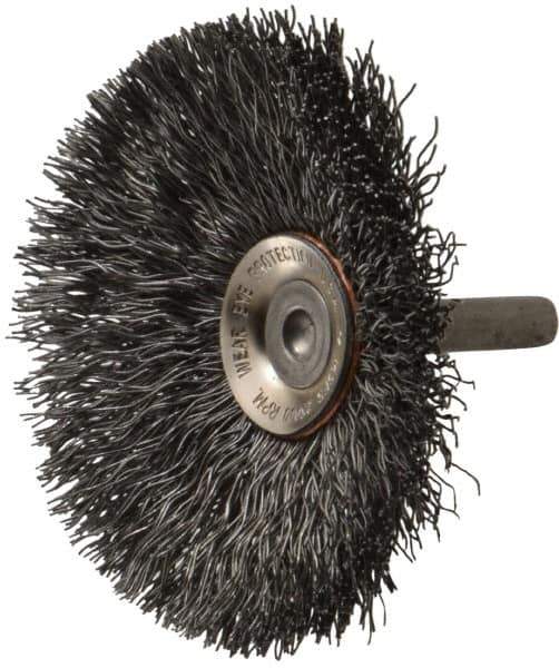 Osborn - 3" OD, 1/4" Shank Diam, Crimped Steel Wheel Brush - 7/16" Face Width, 15/16" Trim Length, 0.014" Filament Diam, 20,000 RPM - Apex Tool & Supply