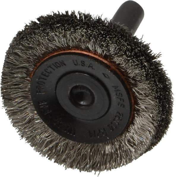 Osborn - 1-1/2" OD, 1/4" Shank Diam, Crimped Stainless Steel Wheel Brush - 3/8" Face Width, 3/8" Trim Length, 0.006" Filament Diam, 20,000 RPM - Apex Tool & Supply
