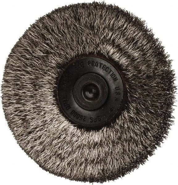 Osborn - 2-1/2" OD, 1/4" Shank Diam, Crimped Stainless Steel Wheel Brush - 7/16" Face Width, 11/16" Trim Length, 0.006" Filament Diam, 20,000 RPM - Apex Tool & Supply