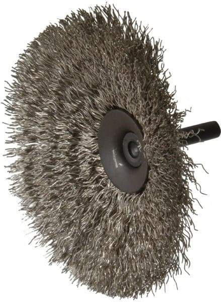 Osborn - 4" OD, 1/4" Shank Diam, Crimped Stainless Steel Wheel Brush - 1/2" Face Width, 1-7/16" Trim Length, 0.014" Filament Diam, 15,000 RPM - Apex Tool & Supply