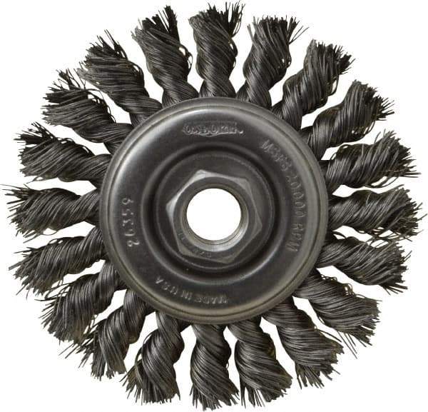 Osborn - 4" OD, 5/8-11 Arbor Hole, Knotted Steel Wheel Brush - 3/8" Face Width, 7/8" Trim Length, 0.014" Filament Diam, 20,000 RPM - Apex Tool & Supply
