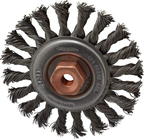 Osborn - 4" OD, 3/8-24 Arbor Hole, Knotted Steel Wheel Brush - 3/8" Face Width, 7/8" Trim Length, 0.02" Filament Diam, 20,000 RPM - Apex Tool & Supply