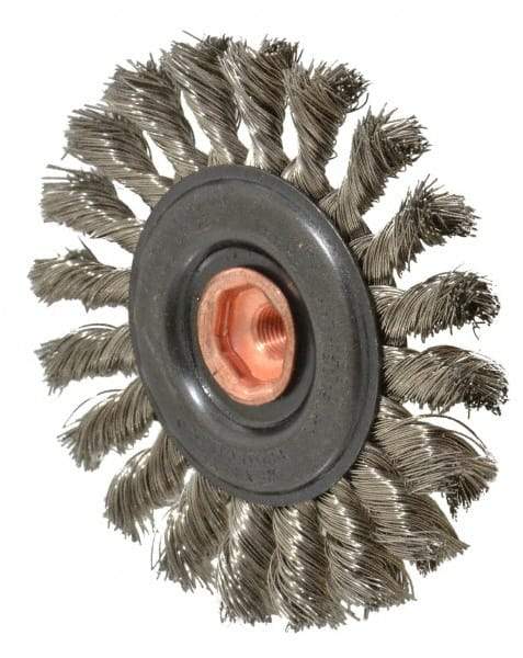 Osborn - 4" OD, 3/8-24 Arbor Hole, Knotted Stainless Steel Wheel Brush - 3/8" Face Width, 7/8" Trim Length, 0.014" Filament Diam, 20,000 RPM - Apex Tool & Supply