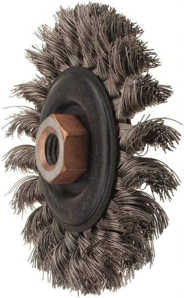 Osborn - 4" OD, 1/2-13 Arbor Hole, Knotted Stainless Steel Wheel Brush - 3/8" Face Width, 7/8" Trim Length, 0.014" Filament Diam, 20,000 RPM - Apex Tool & Supply