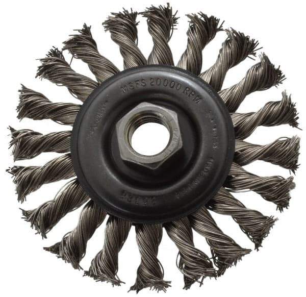 Osborn - 4" OD, 5/8-11 Arbor Hole, Knotted Stainless Steel Wheel Brush - 3/8" Face Width, 7/8" Trim Length, 0.02" Filament Diam, 20,000 RPM - Apex Tool & Supply