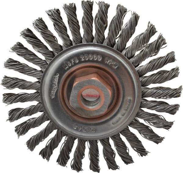 Osborn - 4" OD, 1/2-13 Arbor Hole, Knotted Steel Wheel Brush - 1/4" Face Width, 7/8" Trim Length, 0.02" Filament Diam, 20,000 RPM - Apex Tool & Supply