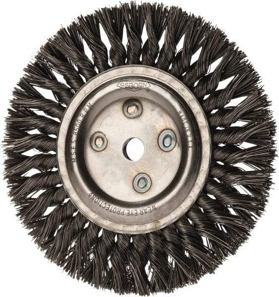 Osborn - 8" OD, 5/8" Arbor Hole, Knotted Steel Wheel Brush - 5/8" Face Width, 1-11/16" Trim Length, 0.025" Filament Diam, 8,500 RPM - Apex Tool & Supply